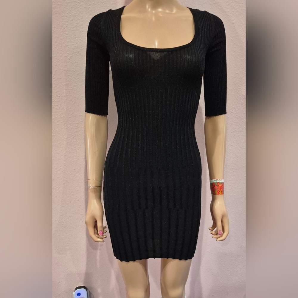 Bebe Black Metallic Semi Sheer Mini Dress - Small.